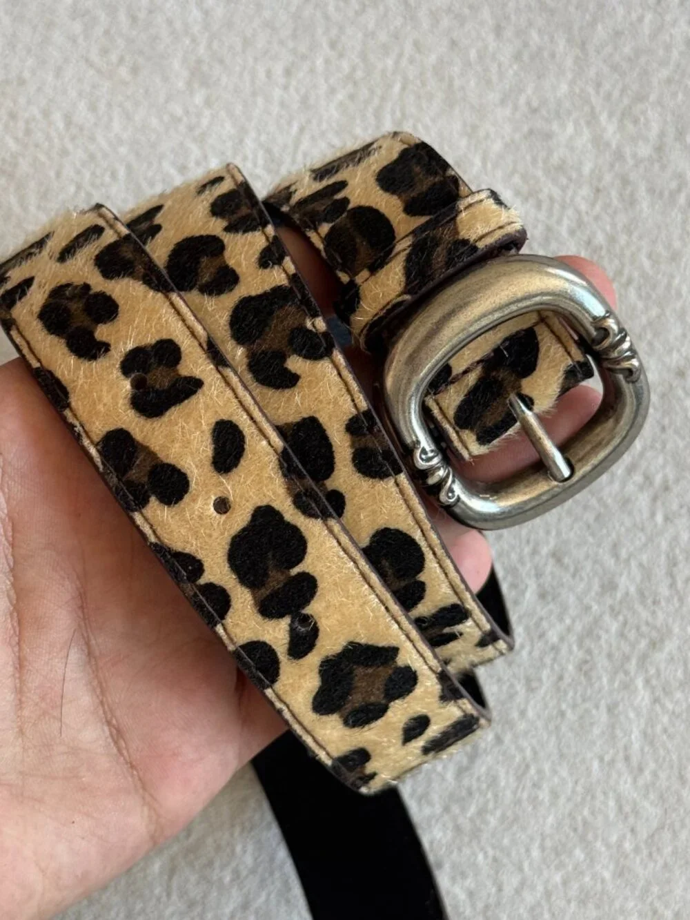 Tan Leopard Oval Silver Buckle Belt